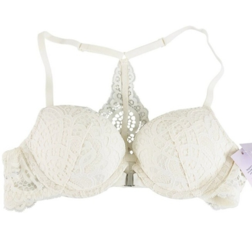 Auden Bra The Radiant Plunge Push-Up Lace Front Closure Lace Overlay White 32AA